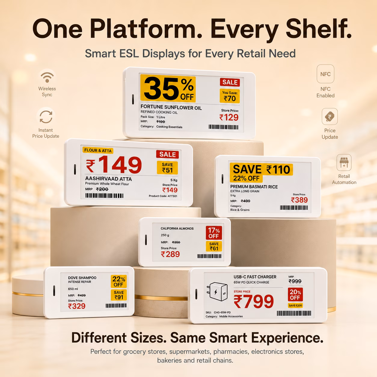 Electronic shelf labels in different example layouts